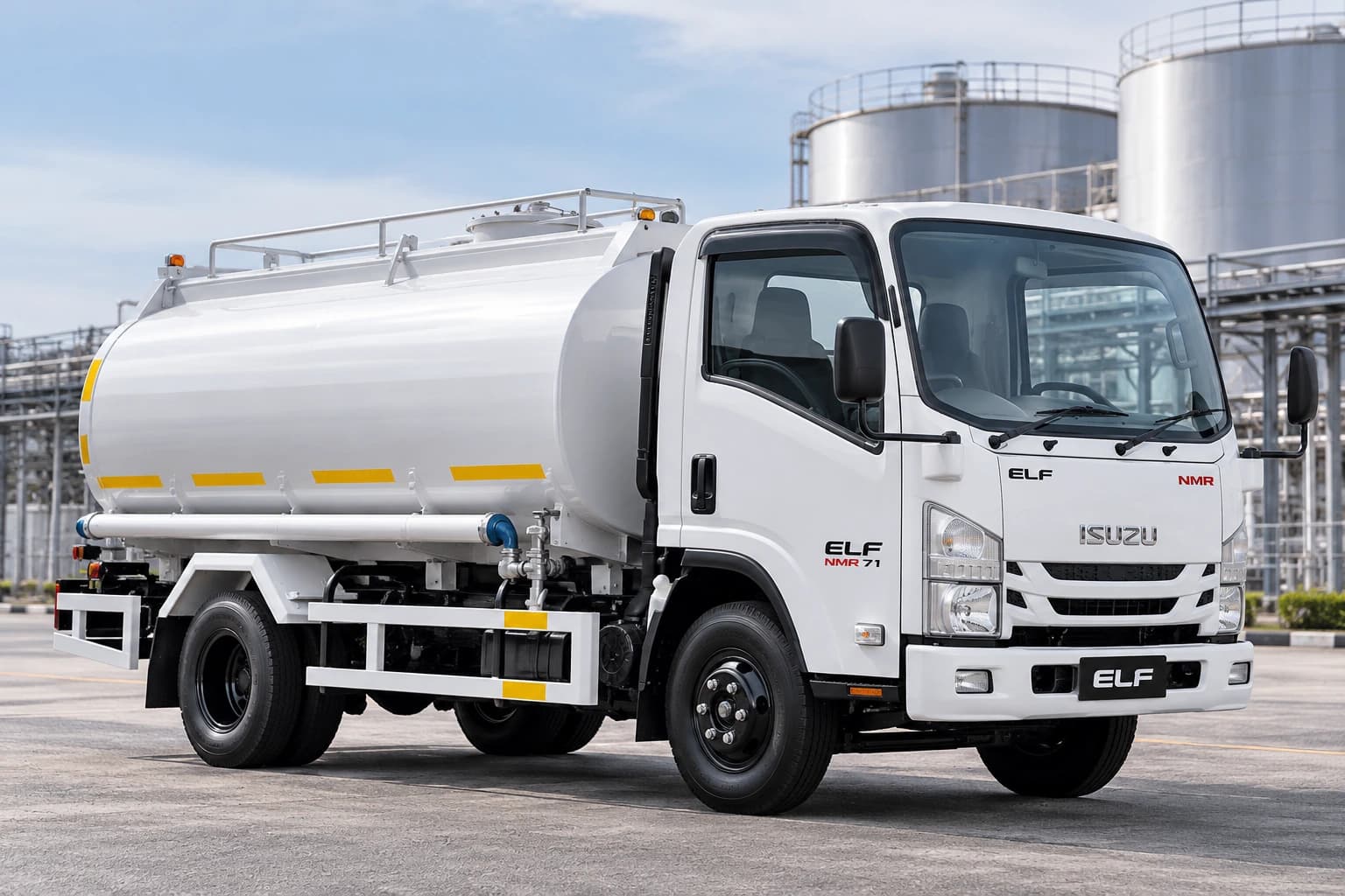 Ilustrasi konsep Isuzu ELF NMR putih dengan karoseri tangki silinder untuk pengangkutan air
